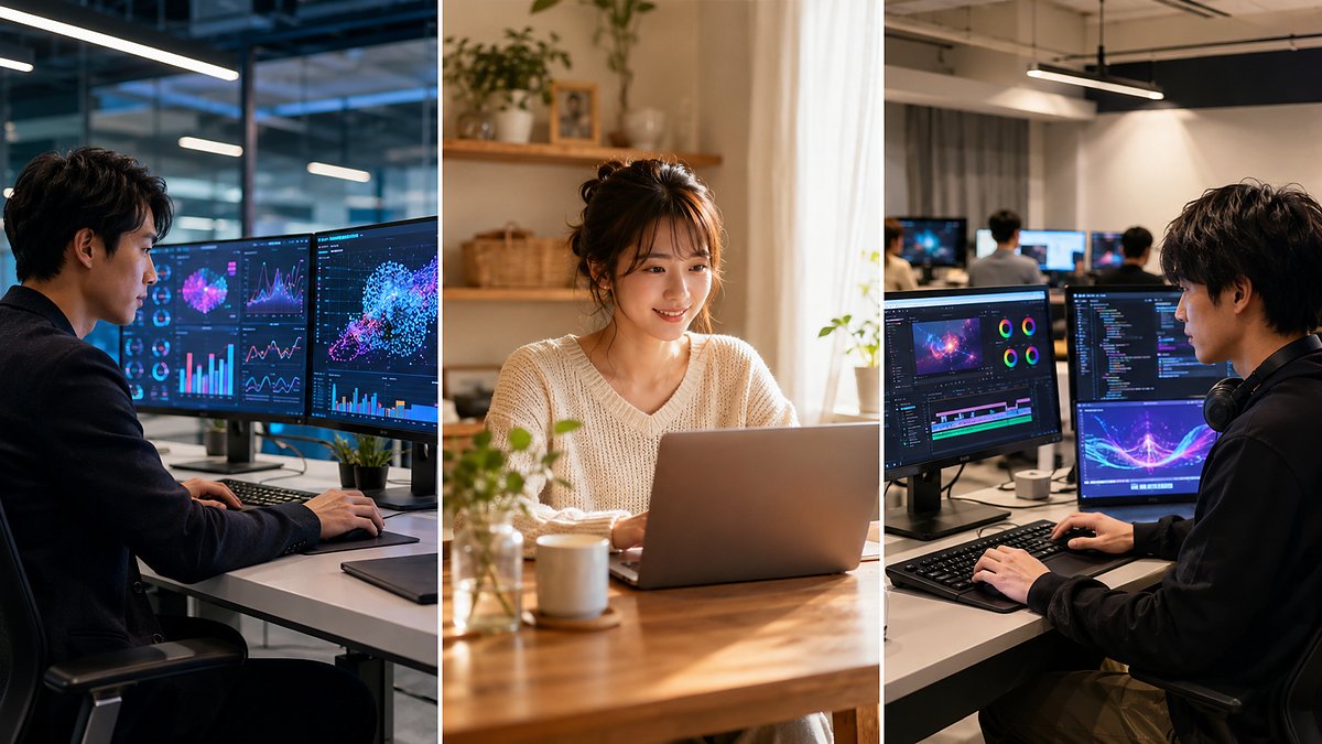 先端IT・在宅ワーク・幅広い学びを表す3分割のイメージ（おすすめ3社のイメージ）