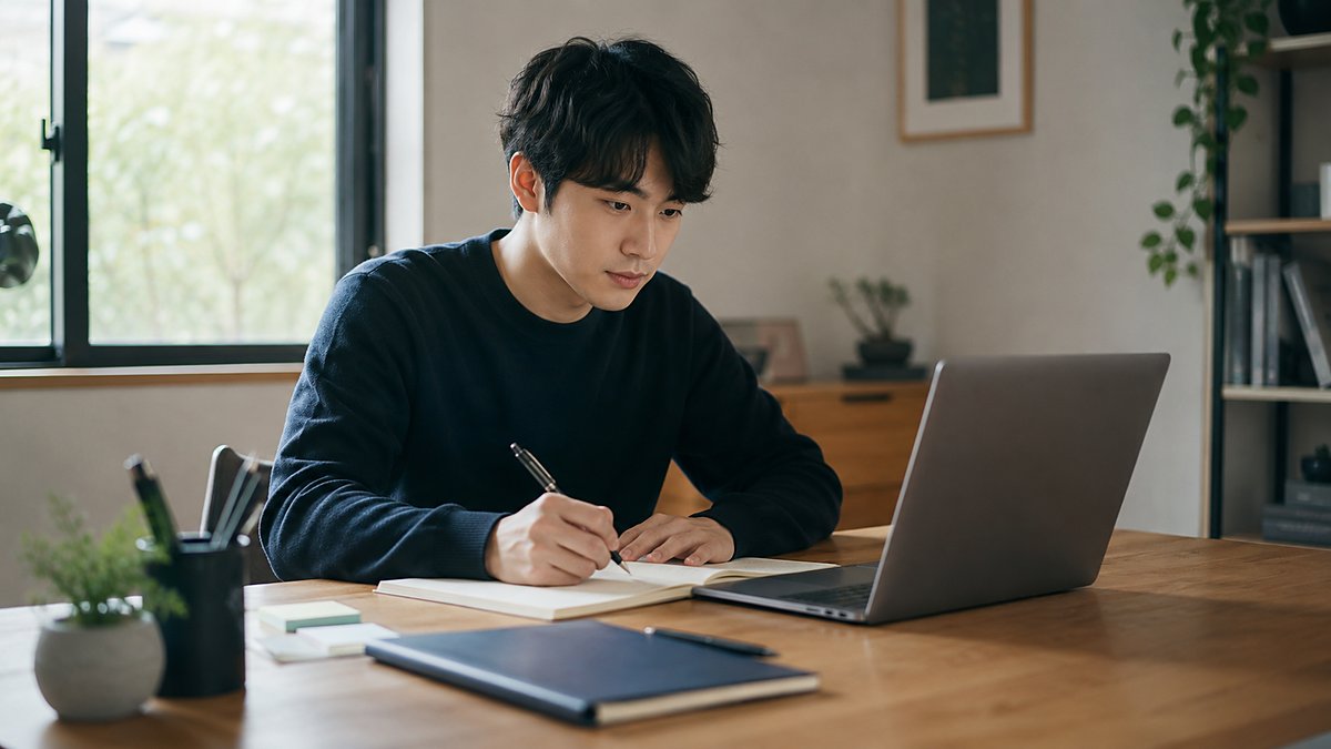 ノートに書き込みながら学ぶ男性（前提知識のイメージ）