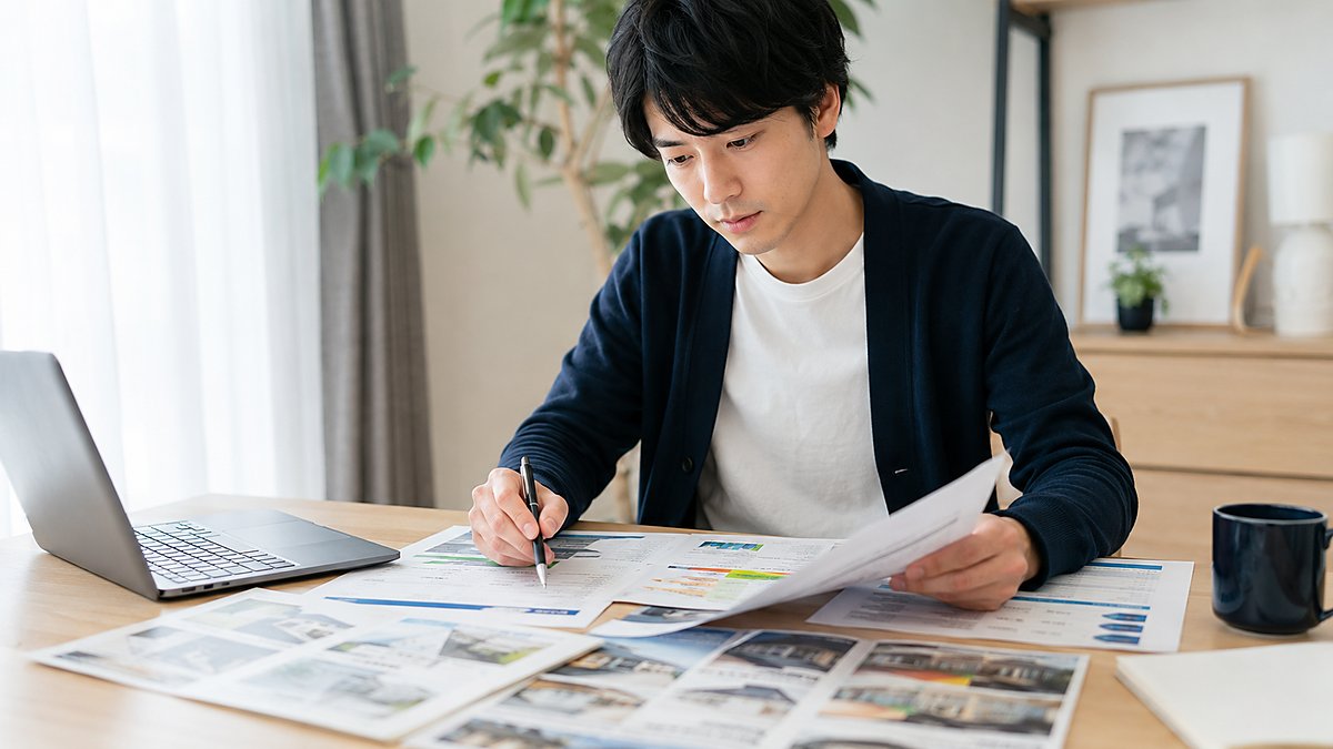 資料を見比べて検討する男性（事業所の選び方のイメージ）