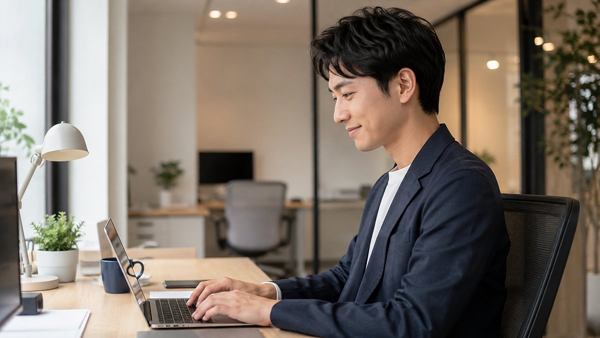 オフィスで落ち着いて働く男性（定着のイメージ）