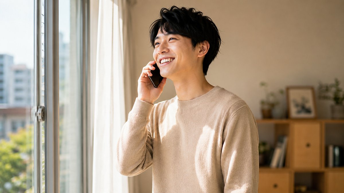 窓辺で笑顔で電話する男性（最初の一歩のイメージ）