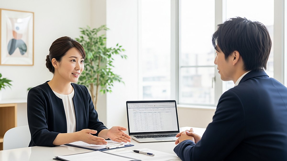 明るいオフィスでの個別面談（就職相談のイメージ）