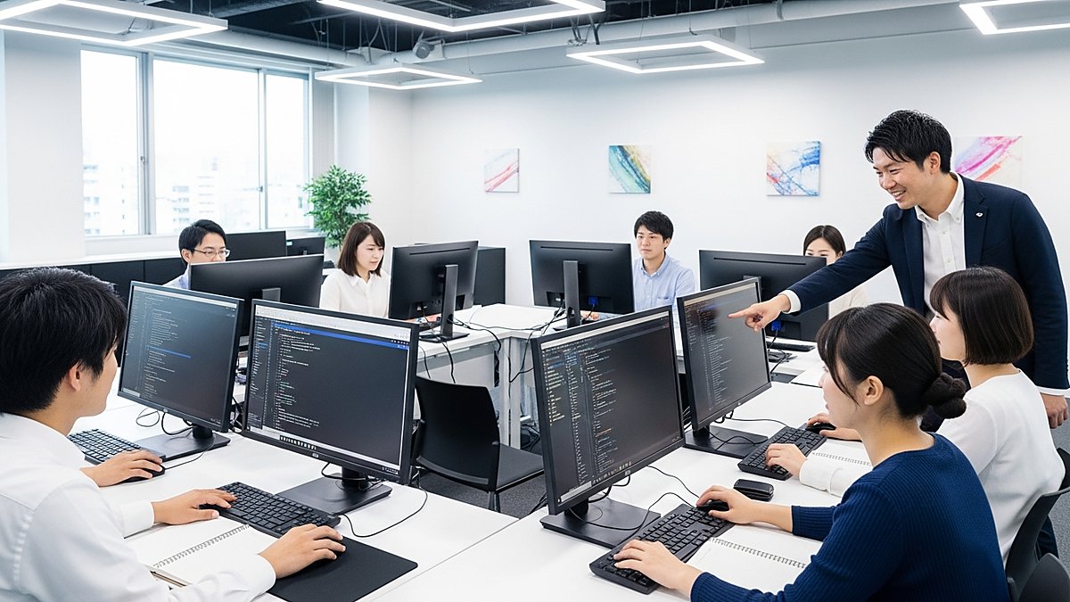 講師が画面のコードを指導するIT訓練ルーム（授業のイメージ）