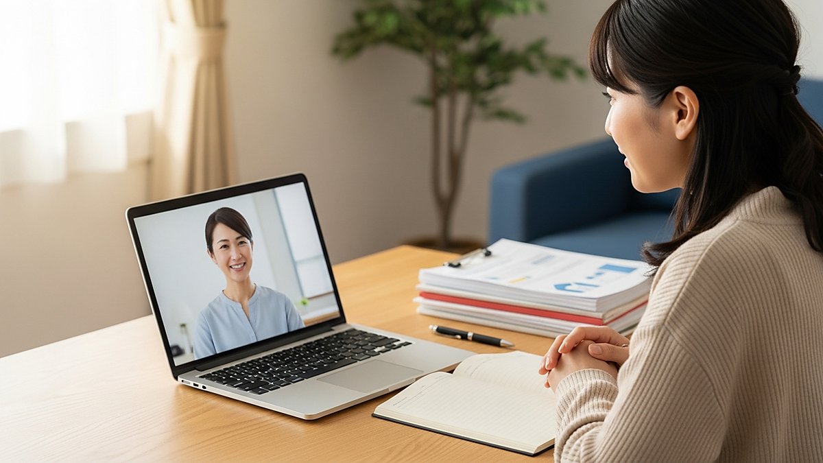 自宅からビデオ通話で相談する女性（在宅支援のイメージ）